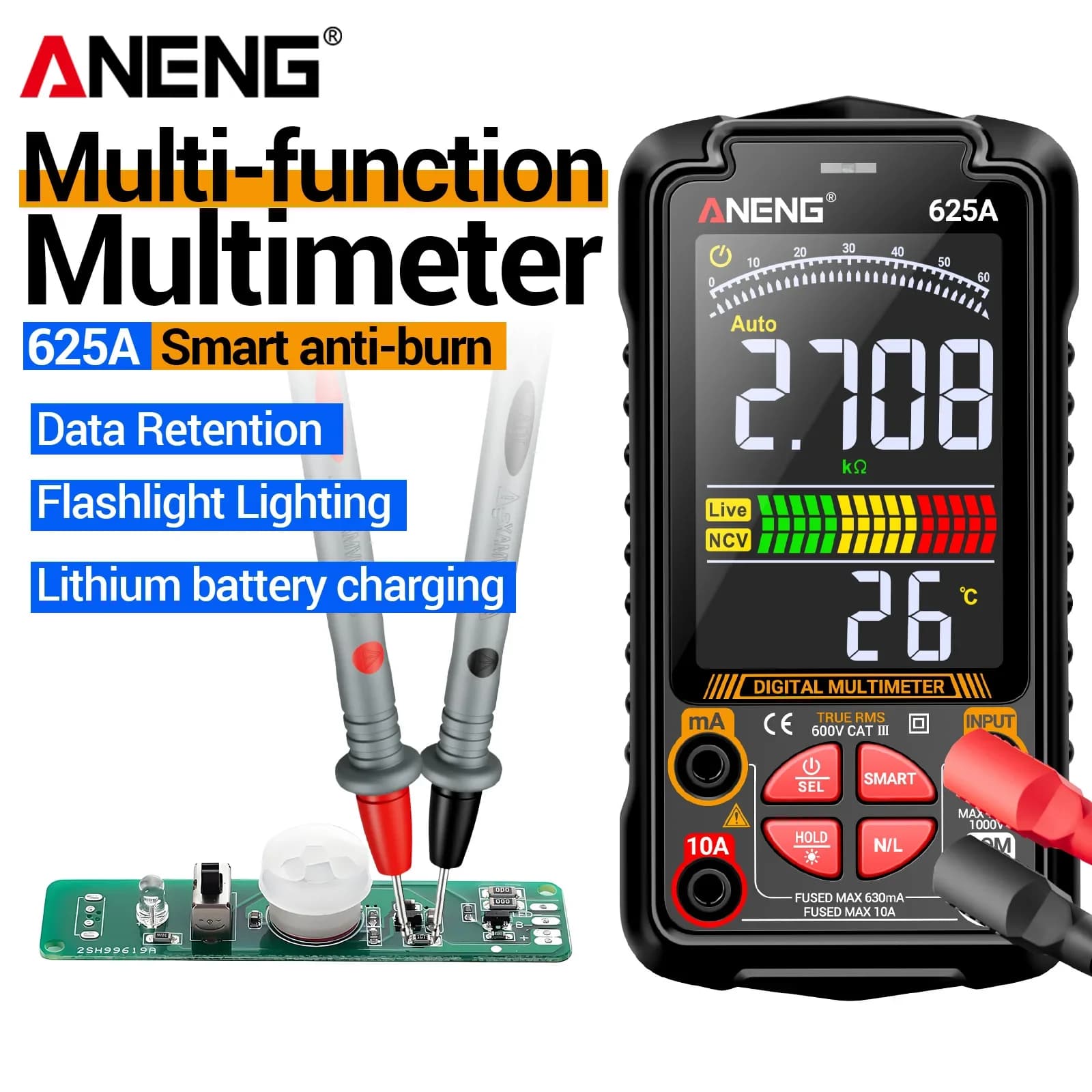 ANENG 625A Digital Multimeter 6000 Counts True RMS 1000V AC/DC 10A NCV Temp Rechargeable Auto-Ranging VA Screen Portable Tool