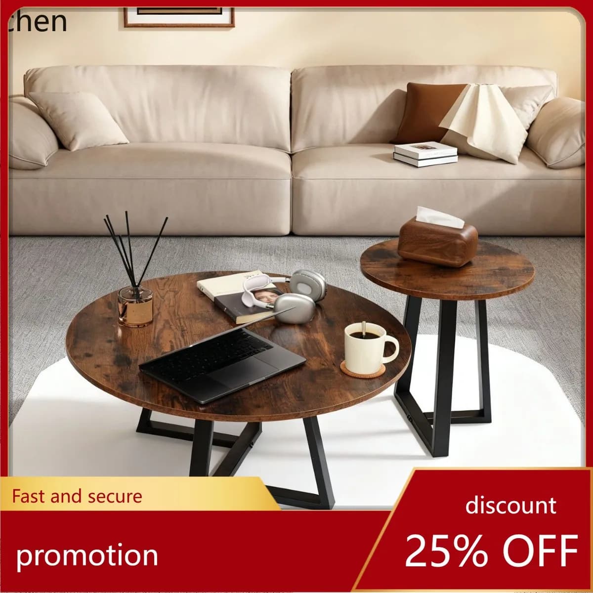 HXL Steel and Wood Coffee Table Living Room Home Round Coffee Table Set Bedroom