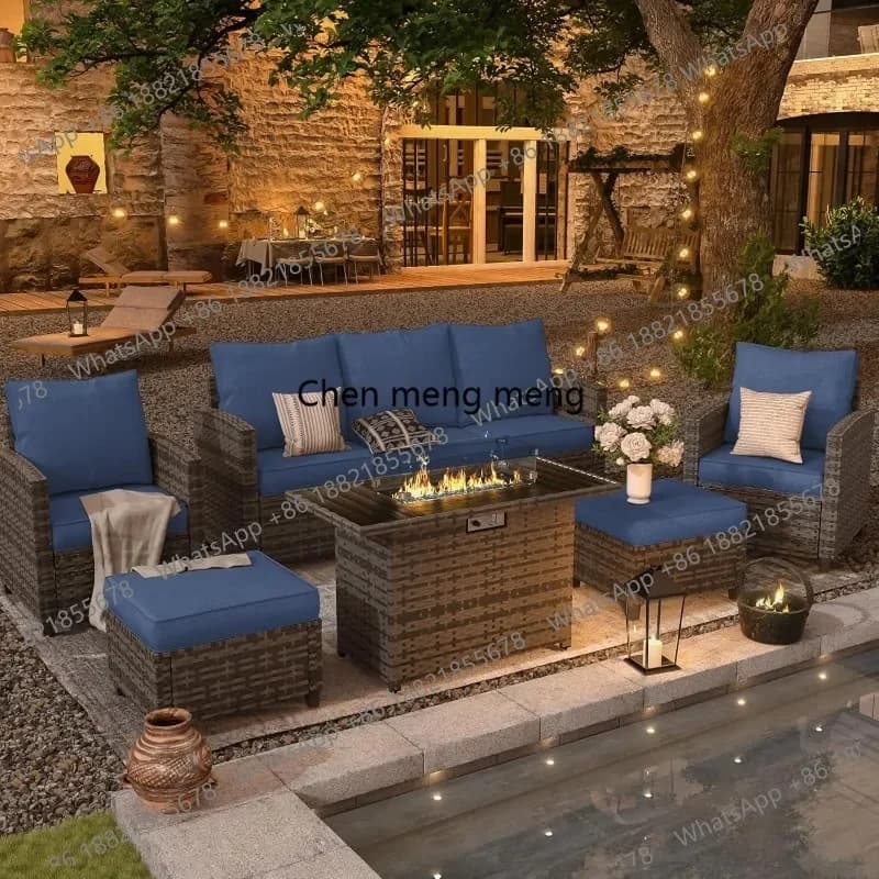 RR Patio Furniture Set with 44" Fire Pit Table, 6 Pieces Outdoor Sectional Conversation Sets, All-Weather Wicker, Customized