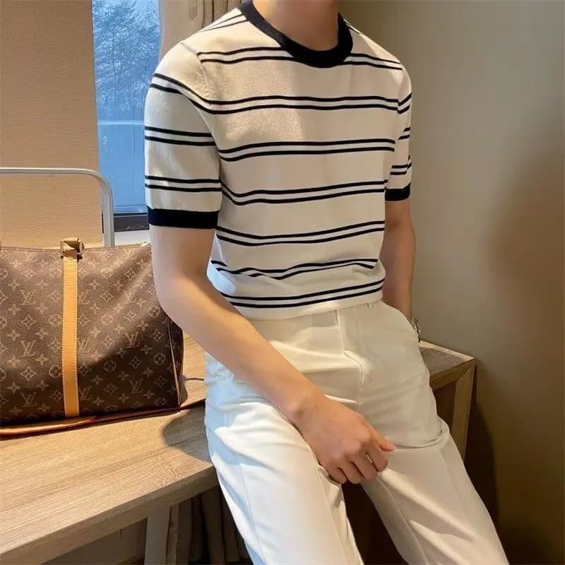 Summer Striped Print Men O Neck Short Sleeve T Shirts Ice Silk Cool Vintage Business Fashion All-match 2xl Oversized Tops White