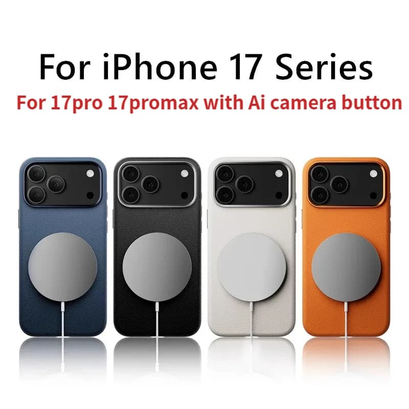 Leather super magnetic phone case for iPhone 17 Pro Max 17pro with AI button wireless charging metal camera case