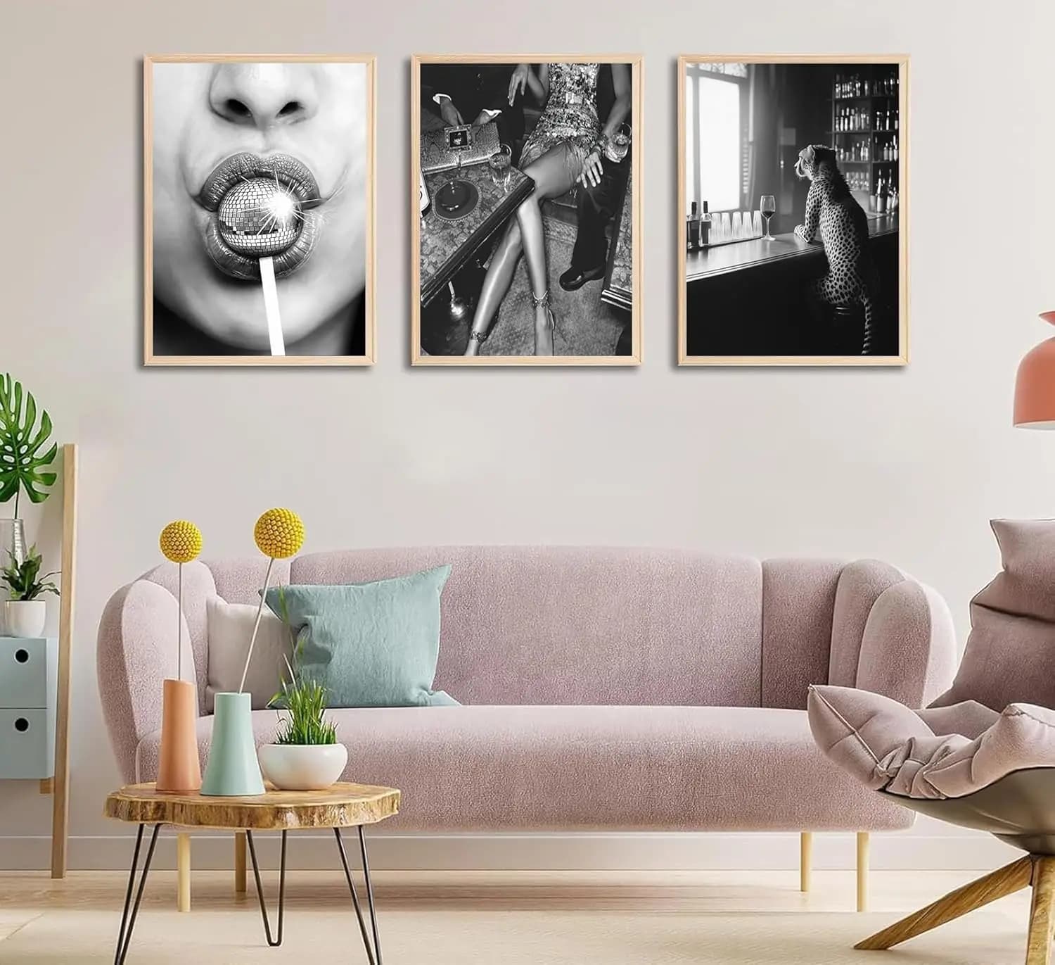 3pcs Black White Fashionable Girl Canvas Art Retro Disco Ball Lollipop Painting Picture Wall Decoration Cheetah Bar Home Decor