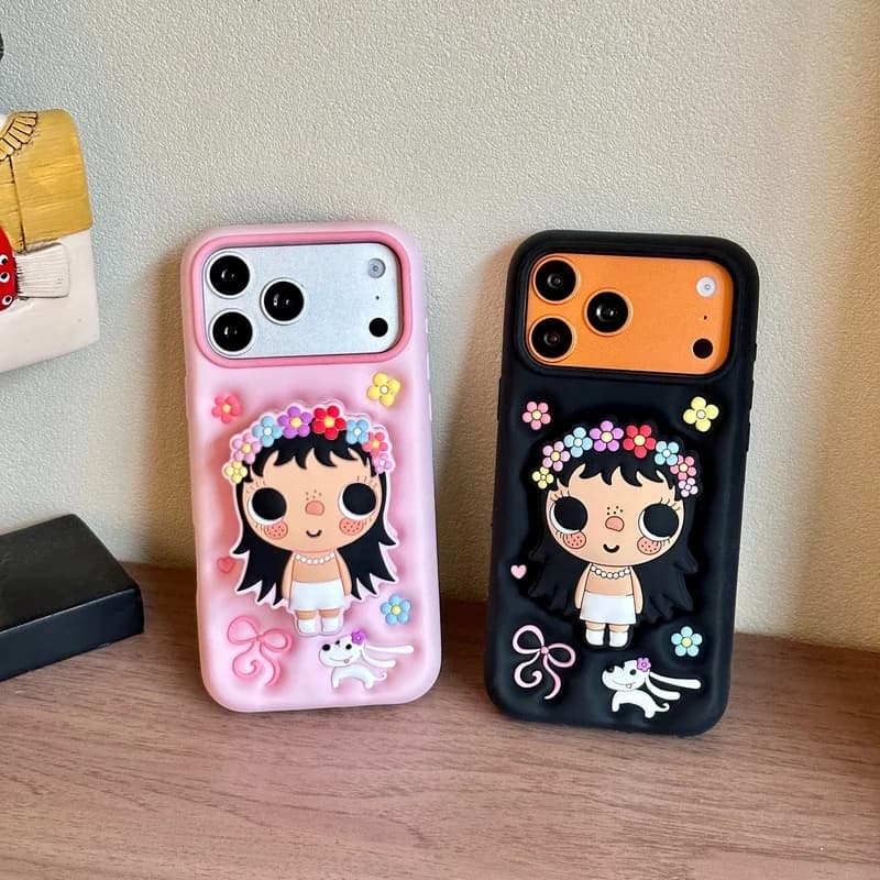 3D Cartoon Cute Big Eyes Girl Rotating Holder Silicone Phone Case For iPhone 18 17 16 15 14 13 12 Pro Max 16Plus Soft Cover