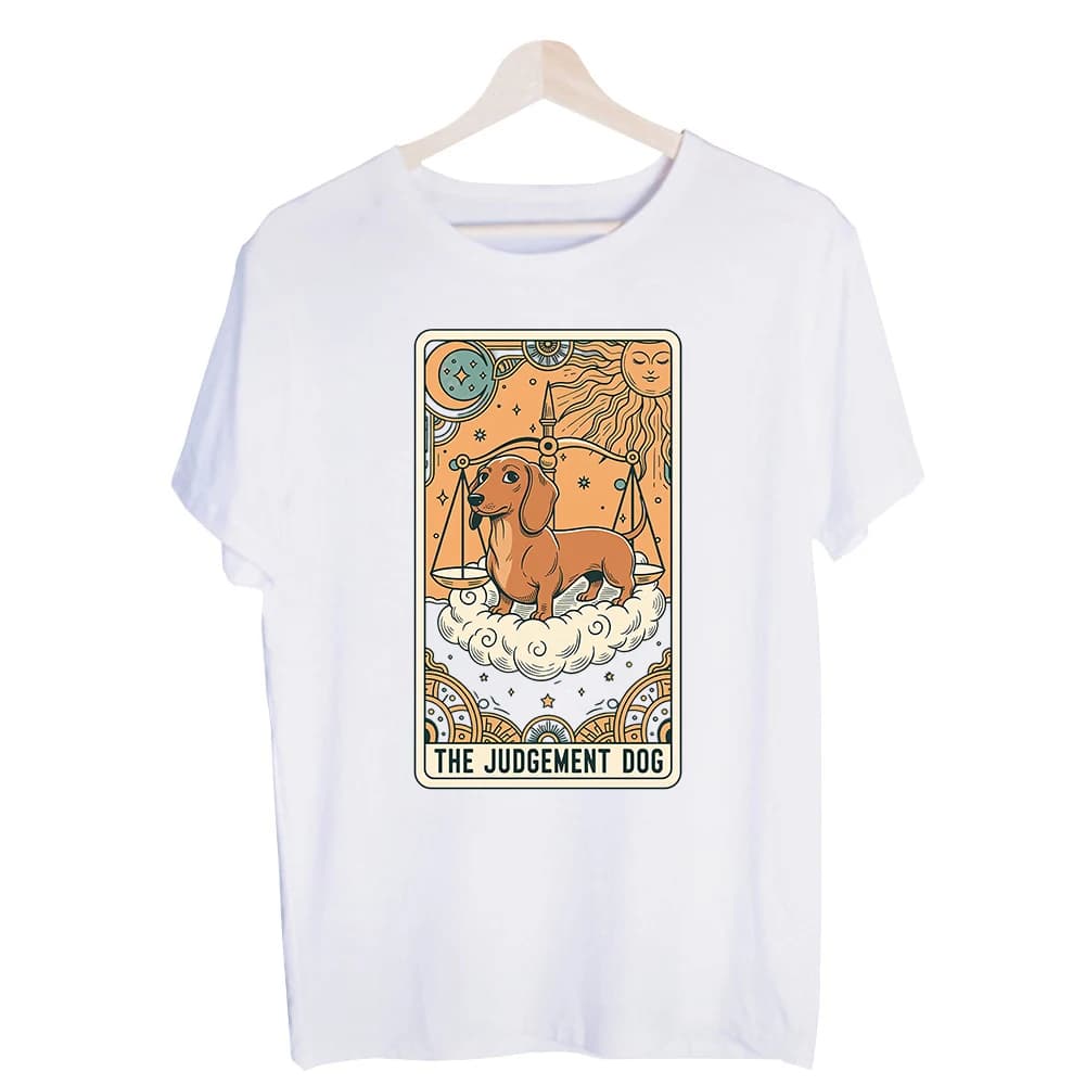 Unisex Dachshund Tarot Card Graphic Tee, Short Sleeve Crew Neck T-Shirt for Casual Daily Wear and Mystic Style Outfits