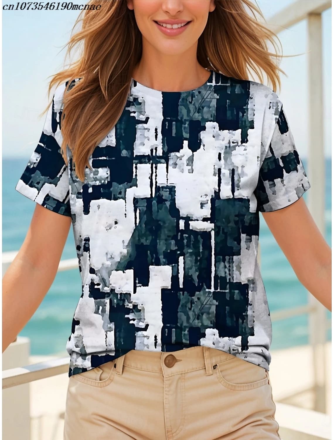 Summer fashion women's T-shirt pattern geometric retro men's classic short sleeved round neck T-shirt round neck regular top