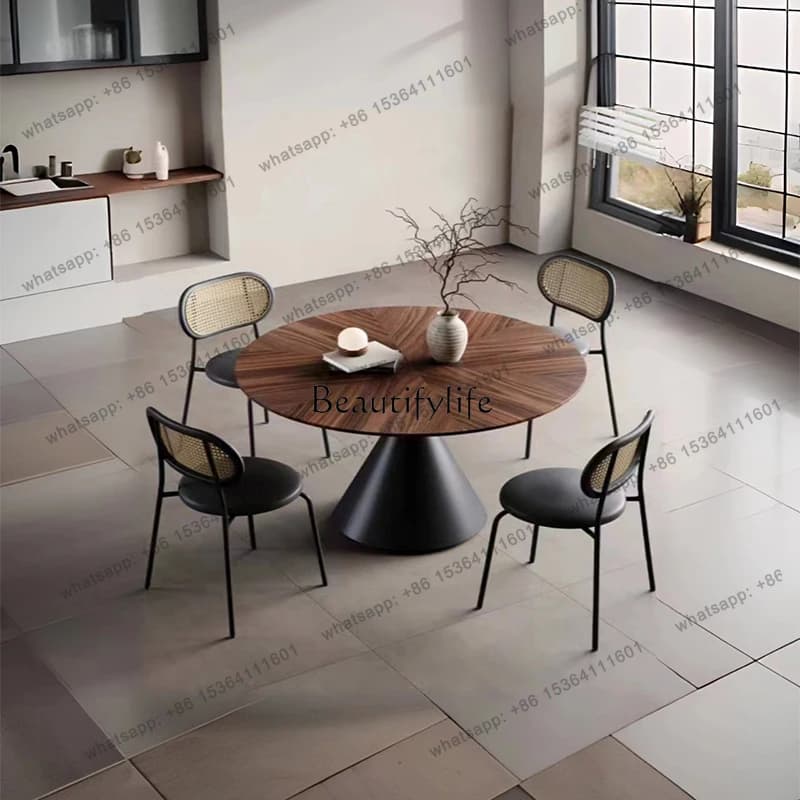 56Black walnut round dining table small apartment solid wood round retro style home
