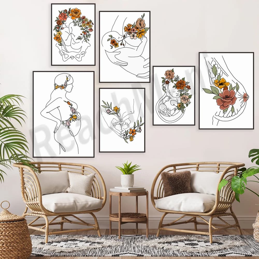 Floral breast, uterus, twins pregnancy art, breastfeeding print, floral baby poster, female anatomy, mom, midwife pregnancy gift