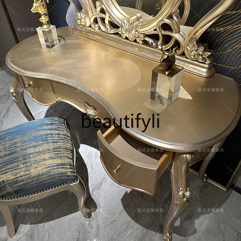 05 French gold leaf dressing table, master bedroom dressing table European court wood carving flower dressing table6220