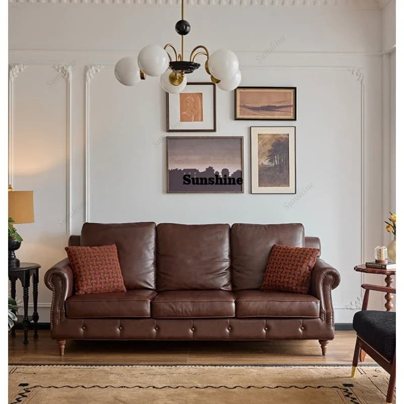 TDAmerican Sofa Solid Wood Vintage Living Room Modern Minimalist Leather Brown Sofa