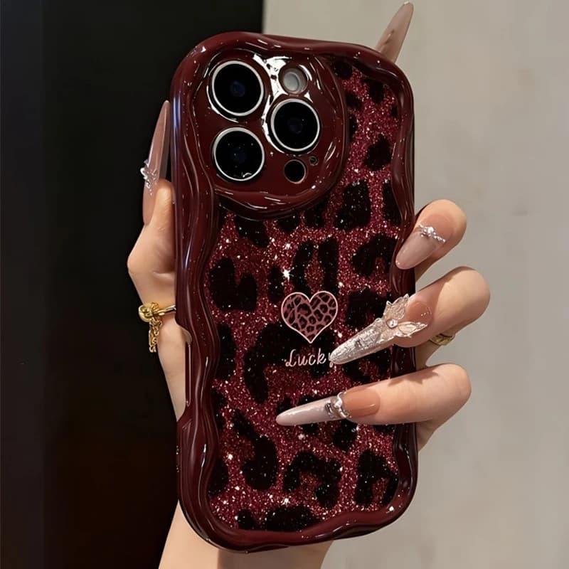 Wine Red Leopard Print Heart Pattern Wavy Border Silicone Phone Case For IPhone 11 12 13 14 15 16 17 18ProMax Plus 16e 17e Cover