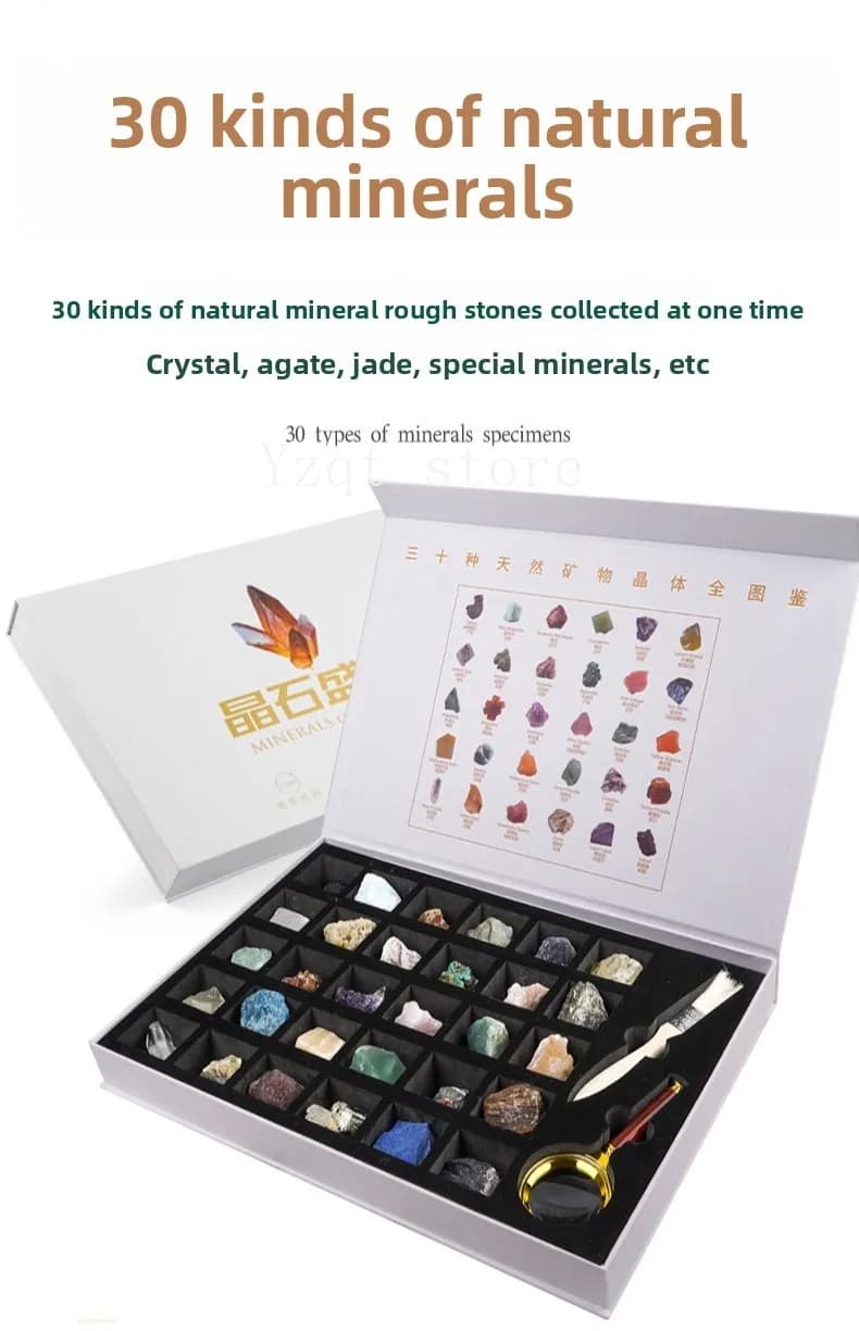 30 kinds of natural large gemstones, ores, rough crystal stones, agates, and strange stone heads. Gift box set, selected mineral