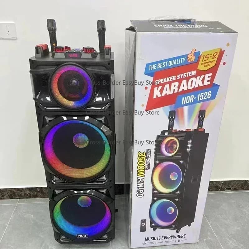 100W Big Power Trolley Speaker NDR-1526: Double 15-Inch Bass + USB/TF/FM/TWS/Remote/Wireless Mic/Outdoor BT