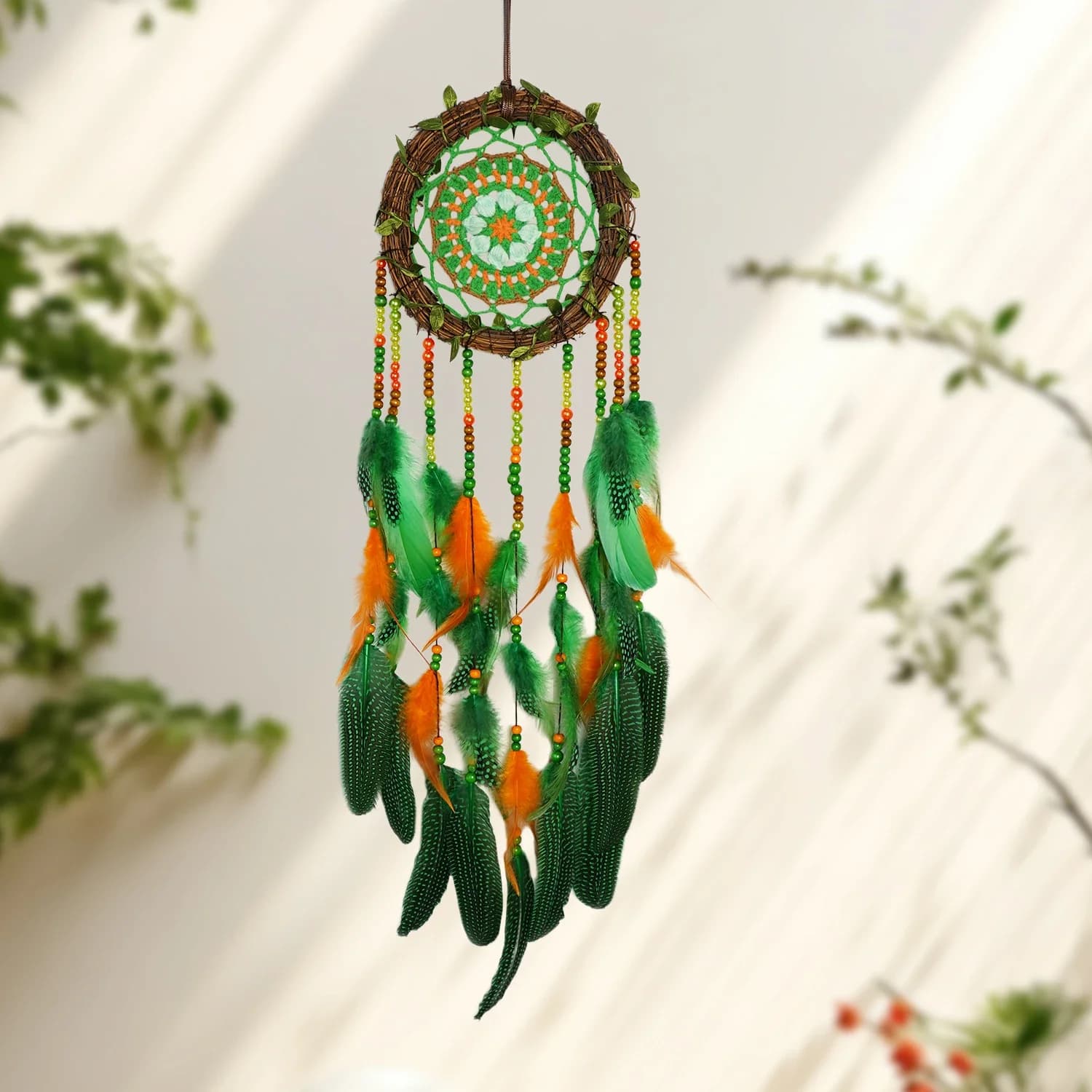 Boho Woven Dream Catcher with Crochet Flower Leaves Gradient Feathers Handmade Wall Hanging Wind Chimes Home Decor for Gifts