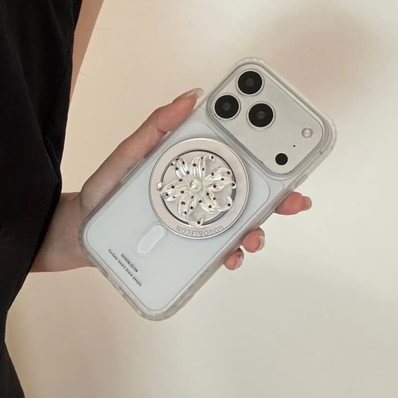Fashion Clear Matte Magnetic Phone Case For iPhone 17 Pro 16 15 Pro Max Cover with Flower Stand Shockproof Cases For Apple 16 Pr