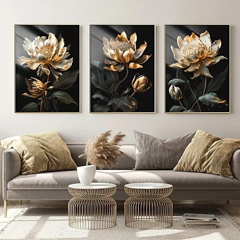 3PCS Modern Canvas Painting Black and Gold Flowers Posters Artwork Wall Art Pictures for Living Room Bedroom Aisle Home Decor