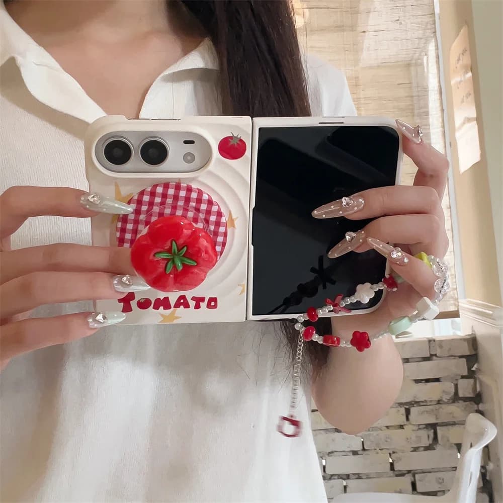 Korea Kawaii Cartoon Tomato Magnetic stand Phone Case For iPhone Duo Cute Foldable Anti Drop Protection Cover Funda with Chain