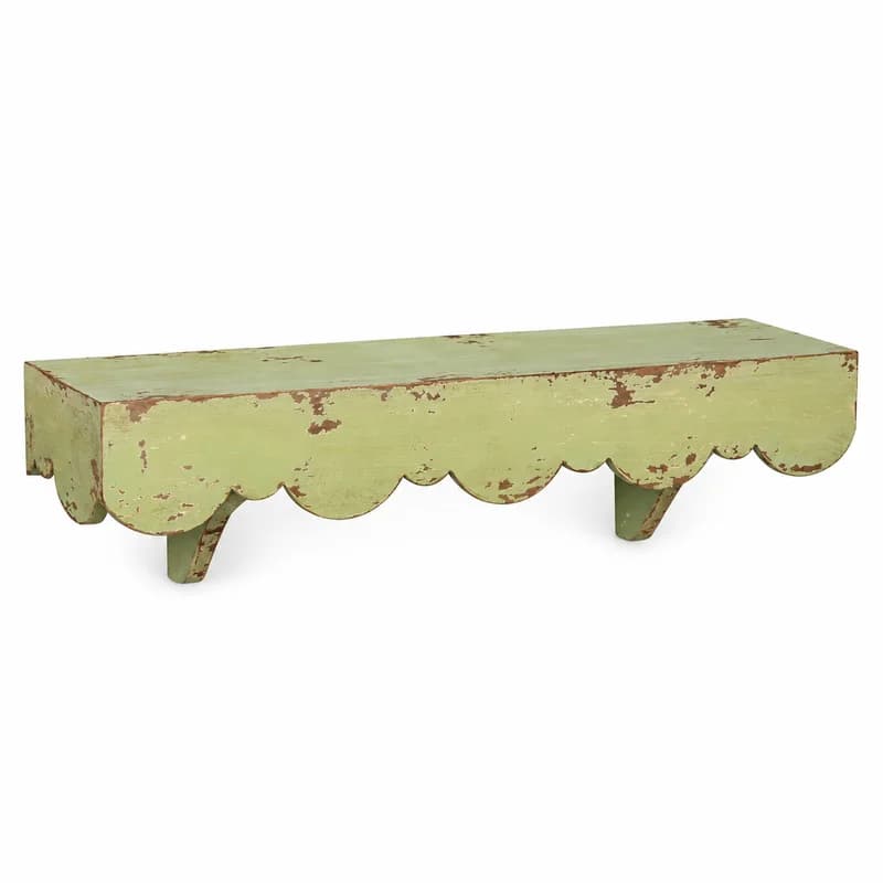 Vintage Wooden Wall Mounted Shelf, Distressed Mint Green Scalloped Edge Display Rack, 60cm x 16.5cm x 7cm