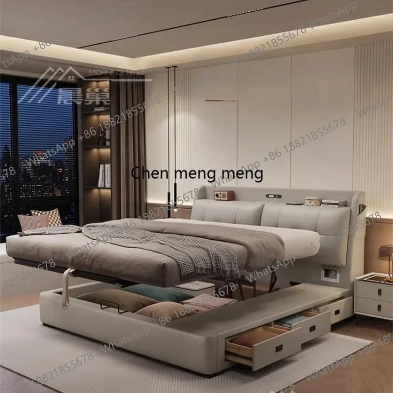 E136 Frames Wooden Beds Minimalist Modern Upholstered Storage Space Lounge Beds Cream Deluxe Mobilier Maison Home Accessories