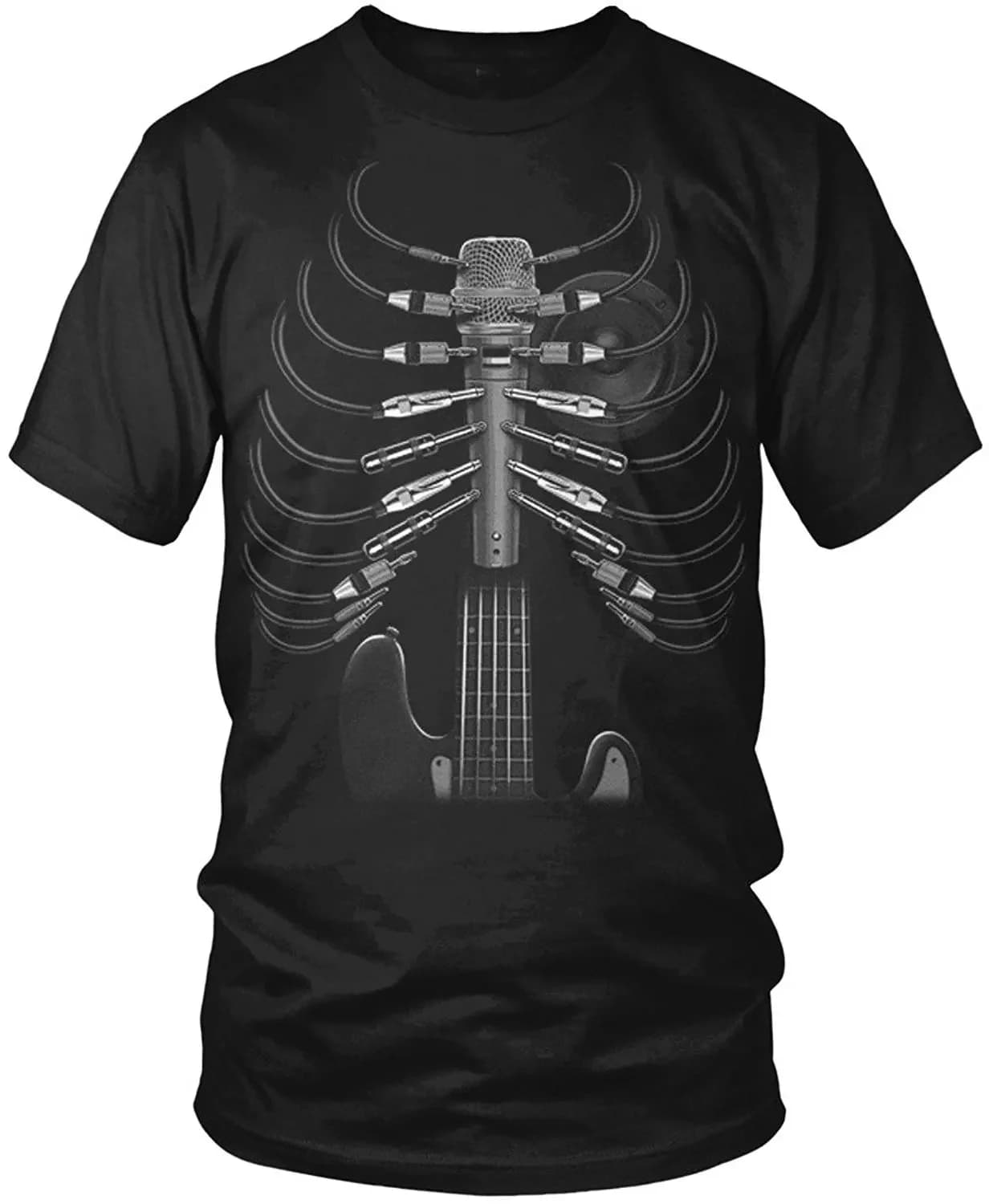 Unique Guitar Microphone Speaker Heart Music Skeleton T-Shirt. Cotton O-Neck Short Sleeve Men's T Shirt New Size S-3XL