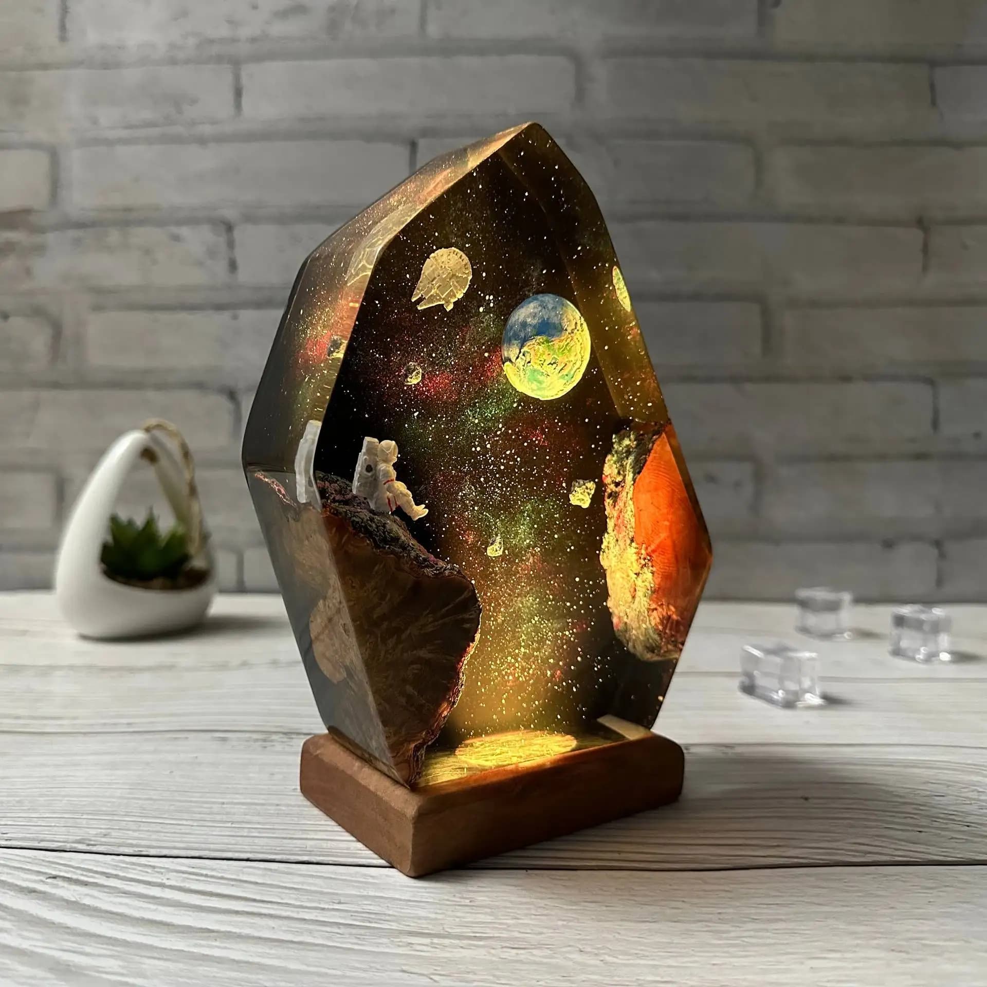 8X5 Inches Cosmic Space Galaxy Mini Night Lamp Resin Wood Decorative Piece for Home Atmosphere Decoration Art Piece