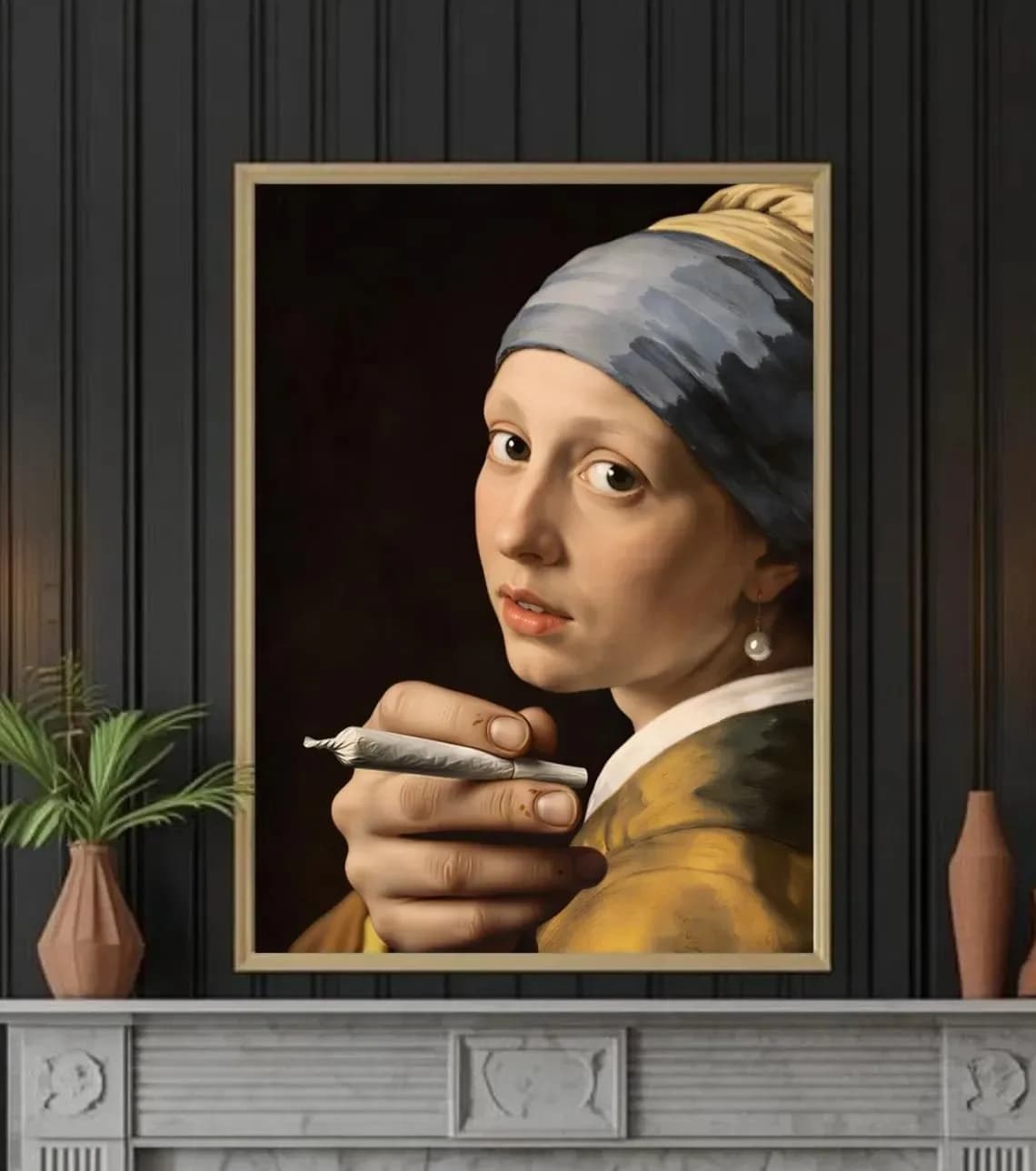 Girl with a Pearl Earring Canvas Prints, Hand-rolled Cigarette Parody Canvas Wall Art for Living Room Home Decoration