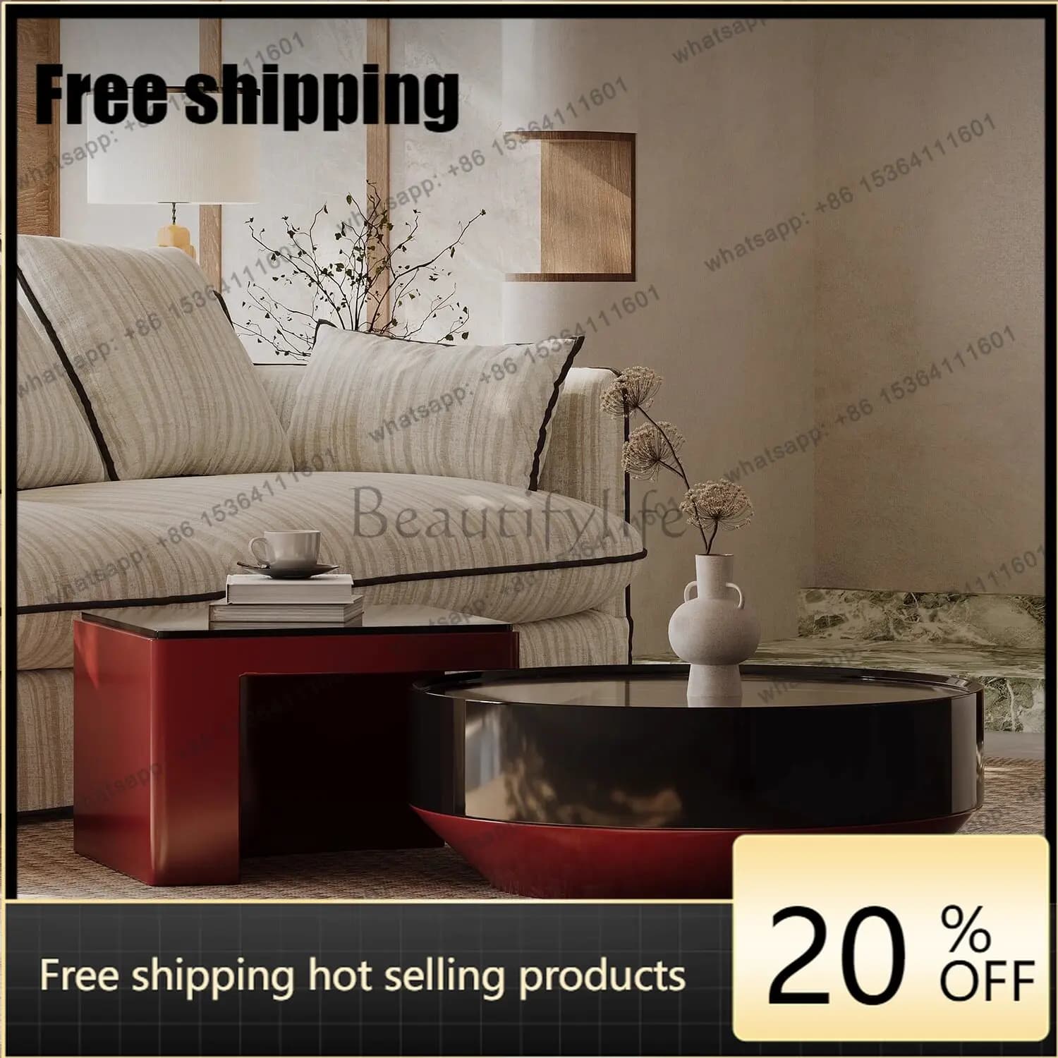 Italian natural stone round coffee table combination dopamine high light living room home Factory Direct