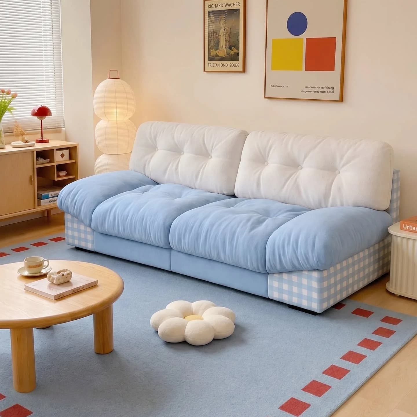 HYS double sofa blue and white grid splicing small apartment sofa three-person household mambo living room fabric sofa