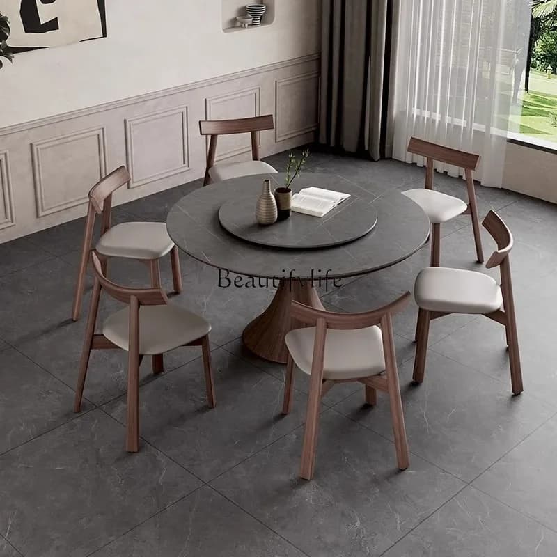 2Nordic solid wood dining table round turntable modern simple walnut Italian wabi-sabi style