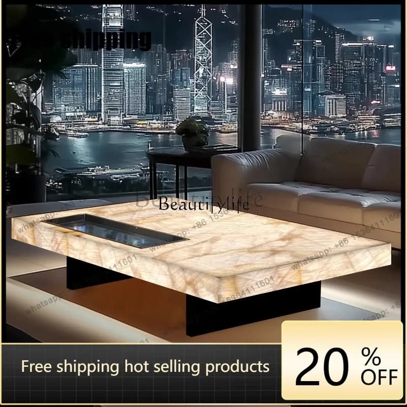 JJ Rectangle living room coffee table luminous jade luxury stone villa marble natural high-grade light luxury minimalist mansion