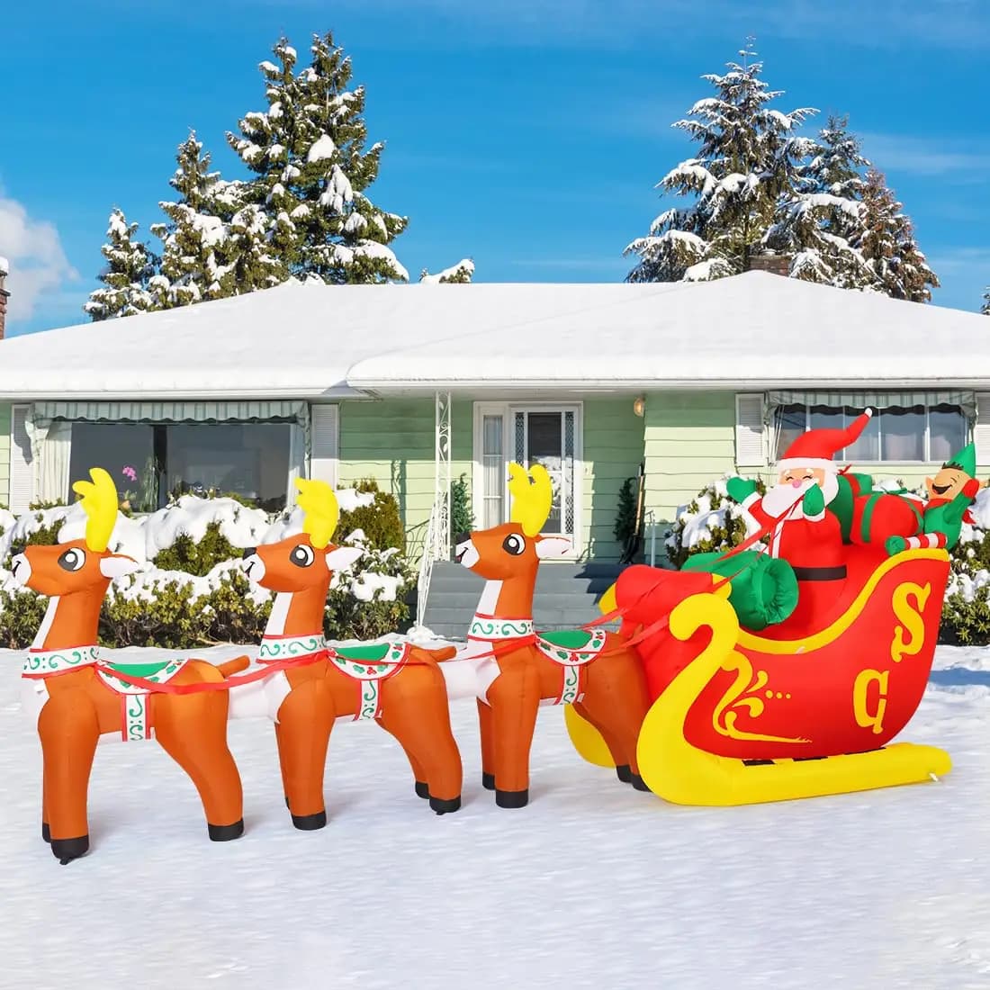 12 FT Santa Sleigh Inflatable, Inflatable Santa Sleigh and Reindeer, Outdoor Christmas Decorations Clearance with LED Lights