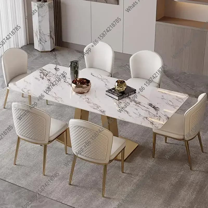 A Modern Golden Luxurious Dining Room Office Single Steel Base Plate Kitchen Glossy Rock Board Designer Muebles Unique Furniture