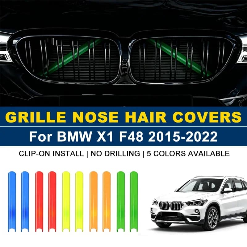 Clip-on Front Kidney Grille Trim Strips 2Pcs, No Drill Colorful Nose Hair Covers For BMW X1 F48 2015-2022 2016 2017 2018 2019
