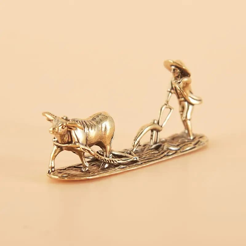 Brass Old Farmer and Ox Tea Pet Chinese Style Metal Carving Hand Play Desktop Decor Craft Collectible Ornament