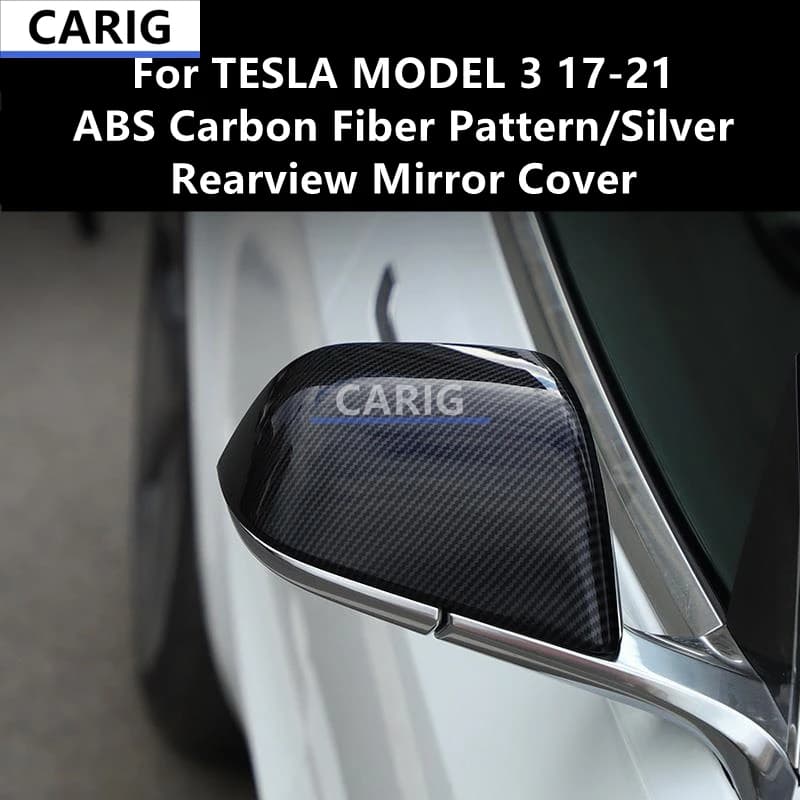 For TESLA MODEL 3 17-21 ABS Carbon Fiber Pattern/Silver Rearview Mirror Cover,Explosion-proof Modified Protective Decoration