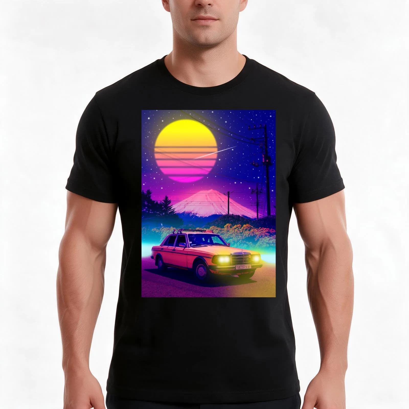 fuji mountain view car T-Shirt, Summer Casual Cotton Tee, Oversized Streetwear Tops, Vintage Graphic Print, Unisex Men Women