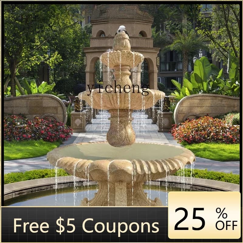 LSL Stone Carving Fountain Water Flow Ornament Yellow Rust Stone Sculpture Courtyard Garden Fish Pond Rockery Landscape