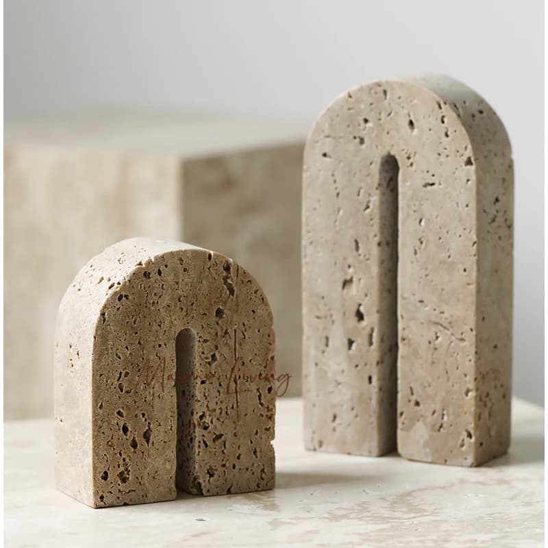 Retro Natural Stone Bookends Luxury Vintage Beige Travertine Book Stand Holder Home Decoration