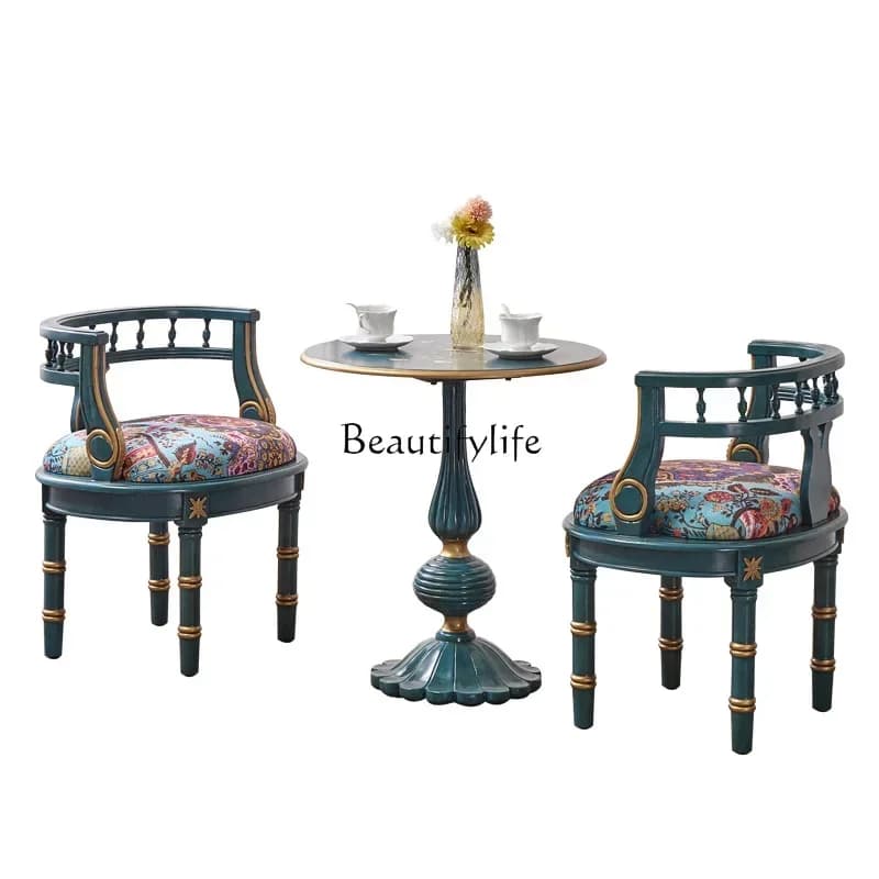 35Living room balcony one table and two chairs combination French retro painted furniture blue sofa chair round table coffee tab