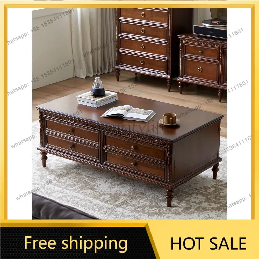 Hot American pure solid wood coffee table double layer retro living room furniture full log