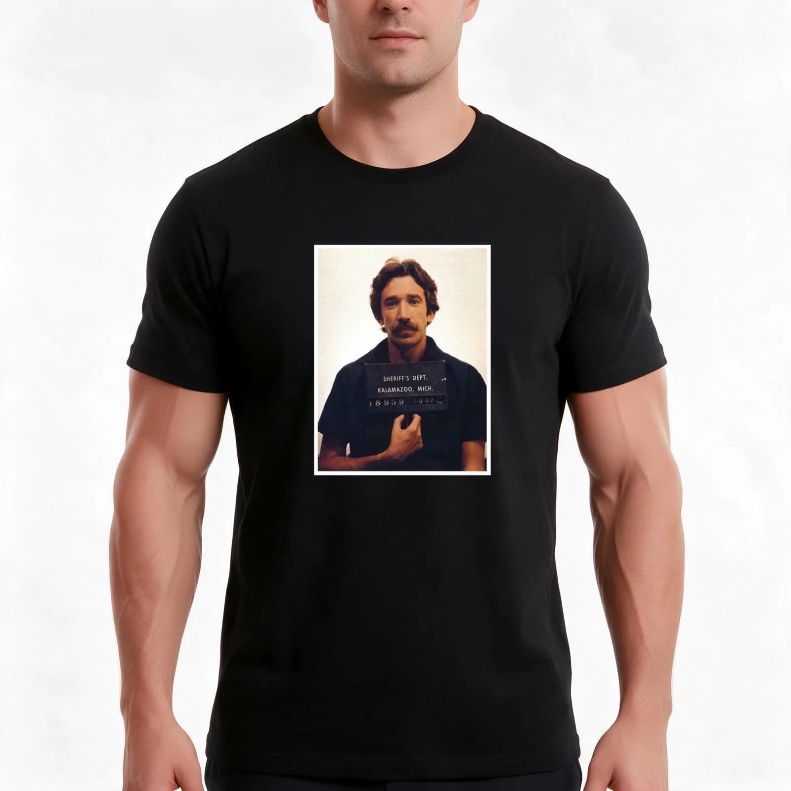 Tim Allen Mugshot T-Shirt, Summer Casual Cotton Tee, Oversized Streetwear Tops, Vintage Graphic Print, Loose Fit Short Sleeve