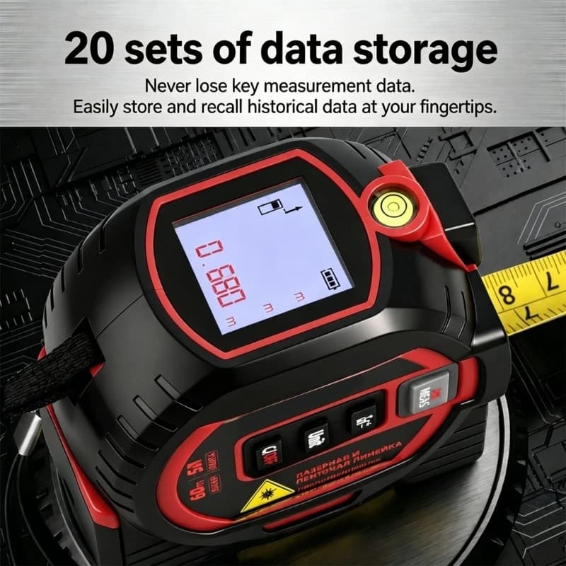 Lasering Distance Meter 3 In 1 IR Tape Measure With Crosses Line Level And Data Storage