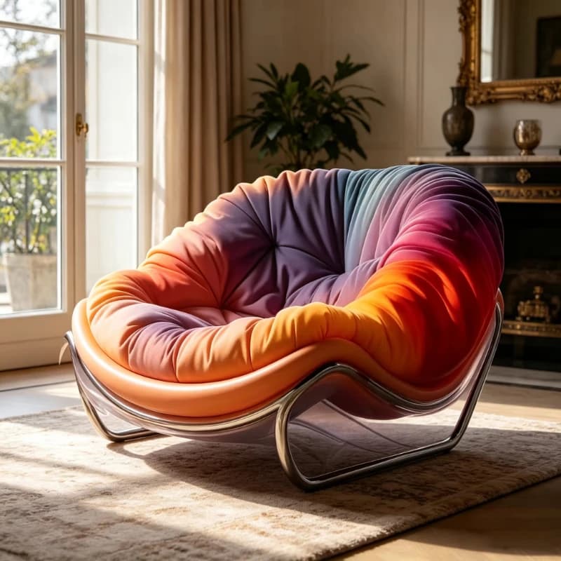 Curved lounge chair fiberglass metal frame, gradual change of fabric