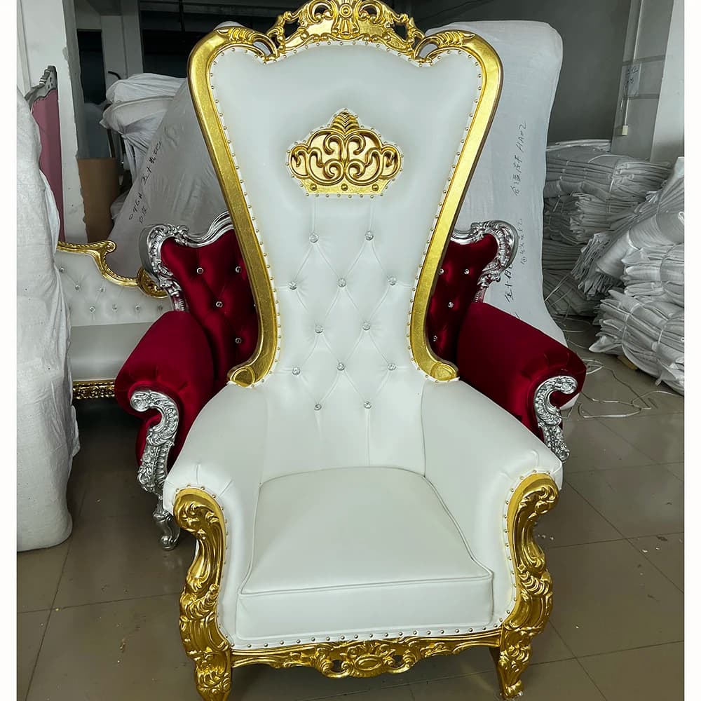 European High Back Leather Wedding King Queen Chair Gold Throne Chairs for Events Banquets Hotels Living Rooms