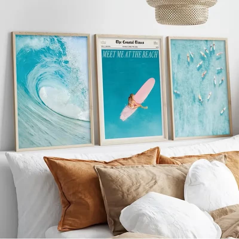 3pcs Beach Wave Ocean Style Surfing-themed Canvas Posters Living Room Bedroom Paintings Summer Style Interior Home Decoration