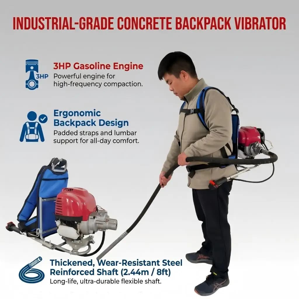 Factory Price Portable Backpack Concrete Vibrator 3HP Engine with 2.44m Flexible Shaft for Concrete De-aeration Filling