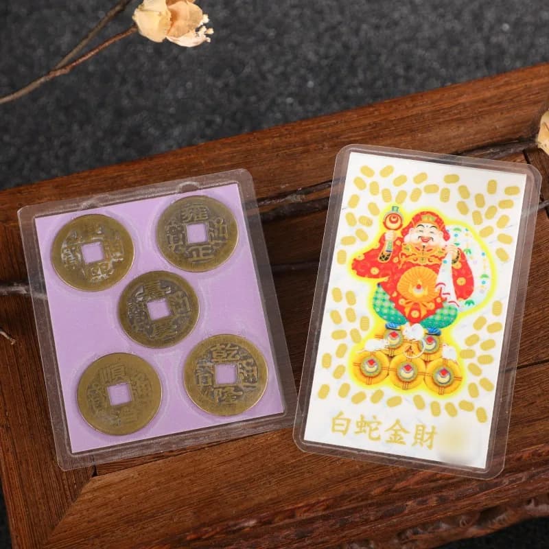 Buddhist Ornament White Snake Wealth Talisman Five Emperors Coins Pattern Peace Lucky Amulet