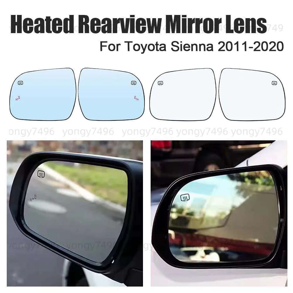 Car Wide Angle Heated Rearview Mirror Lens For Toyota Sienna 2011-2020 Mirrored Glass White Blue With Blind Spot Assist Replace