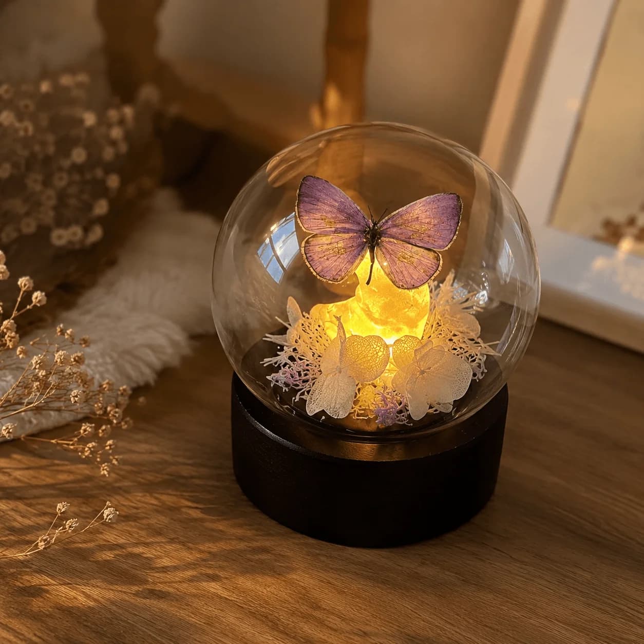 Real Butterfly Moon Night Light, Handmade Glass Dome Lamp with Preserved Flowers, Wooden Base, Gift Box Included