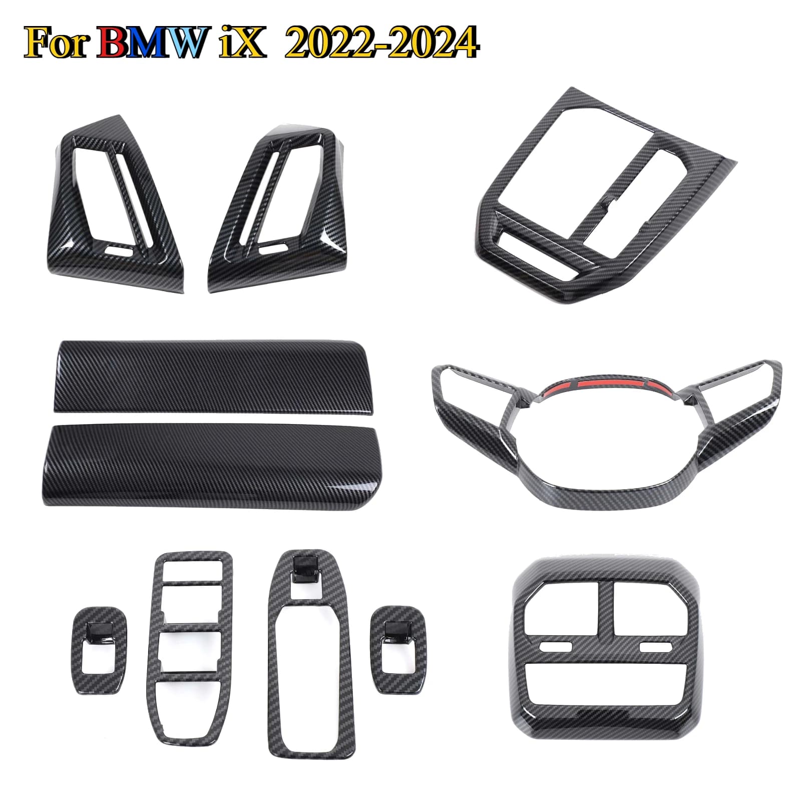 Fit For BMW iX I20 2022-2024 ABS Carbon Fiber Interior Kit Steering Wheel Dashboard Console Gear Shift Panel Cover Trim Stickers