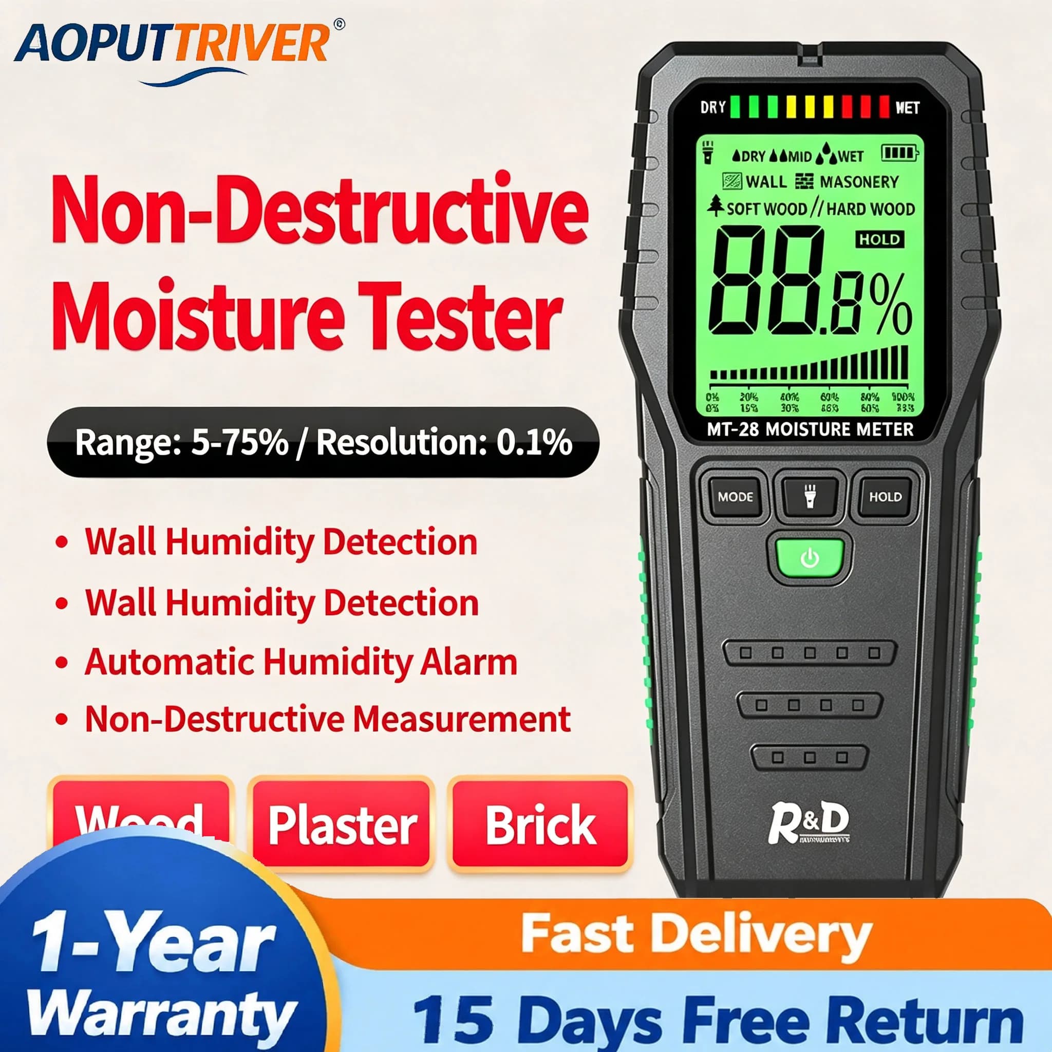 Pinless Moisture Meter Wood Damp Tester for Drywall Masonry Concrete Wall Hardwood Softwood Water Leak Detector Non-Destructive